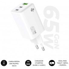 CARGADOR PARED/VIAJE 2xUSB-C +USB-A GaN 65W PD BLANCO SUBBLIM